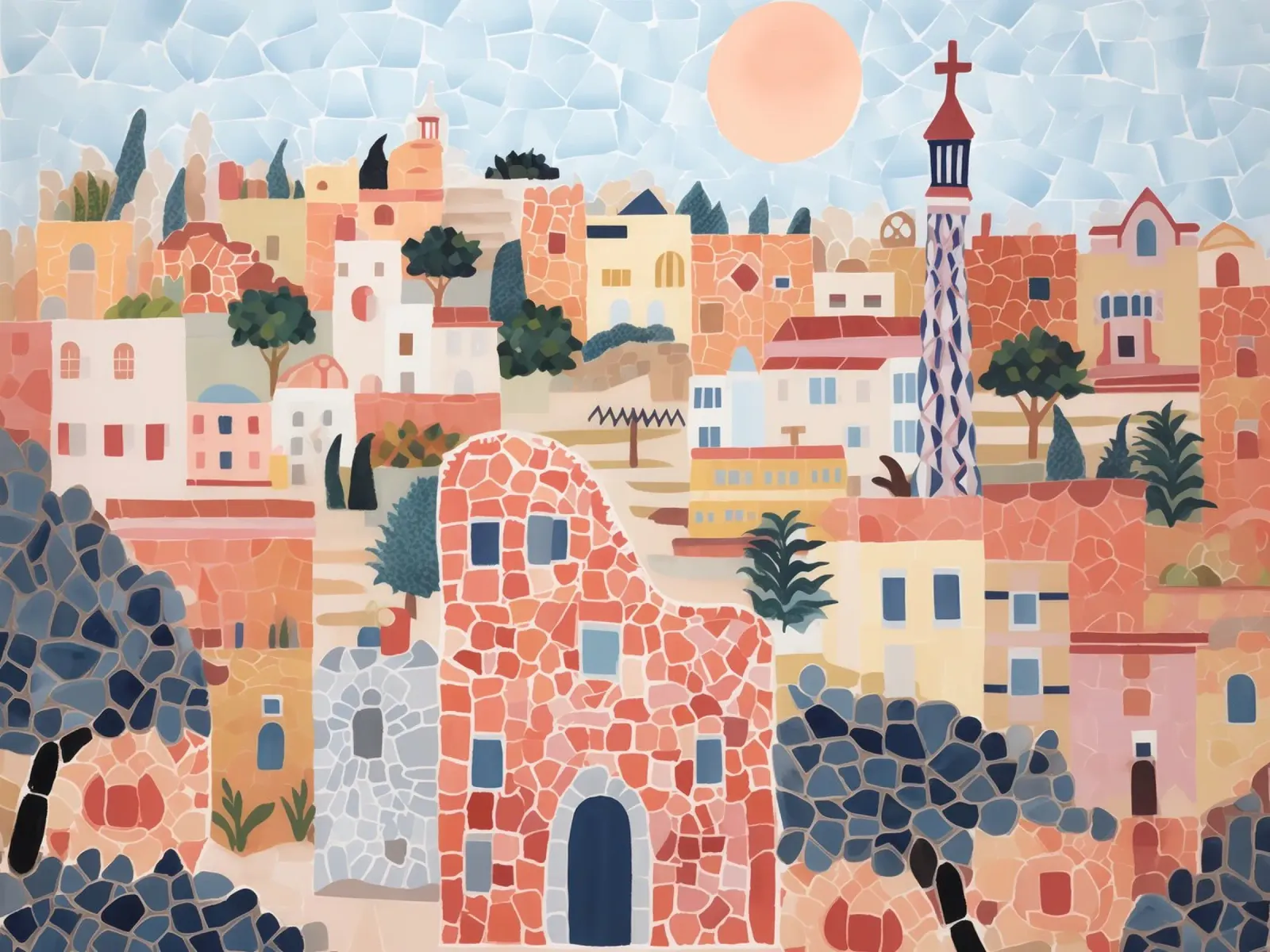 Barcelona, Spanje, Gauidi Skyline Schilderij Landschap canvas met Baklijst van Peaches Art Prints