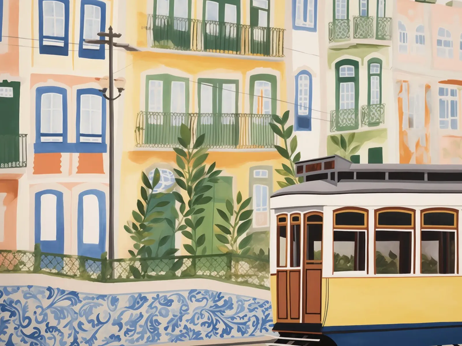 Lisbona, Portogallo, tram di strada, paesaggio acquerello poster con telaio in plastica da Peaches Art Prints