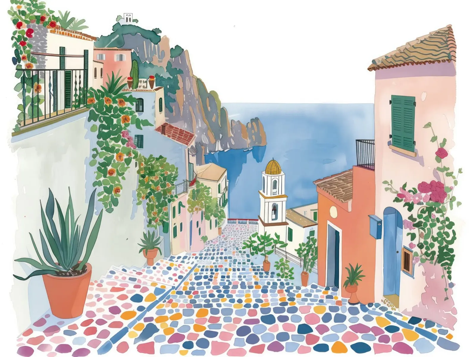 Positano, Italië, Straatlandschap Reiskunst canvas met Baklijst van Peaches Art Prints