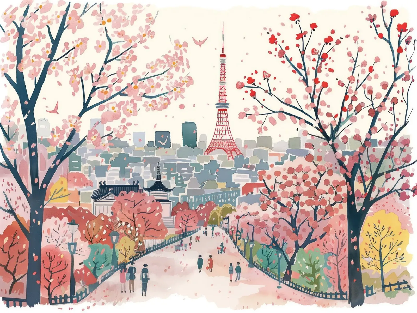 Tokio, Japan, Kersenbloesem, Sakura, Landschap Reiskunst canvas met Baklijst van Peaches Art Prints