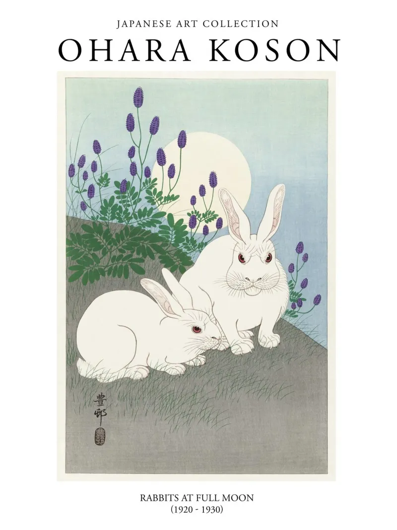 Ohara Koson Conigli giapponesi d'epoca con la luna piena poster da Peaches Art Prints