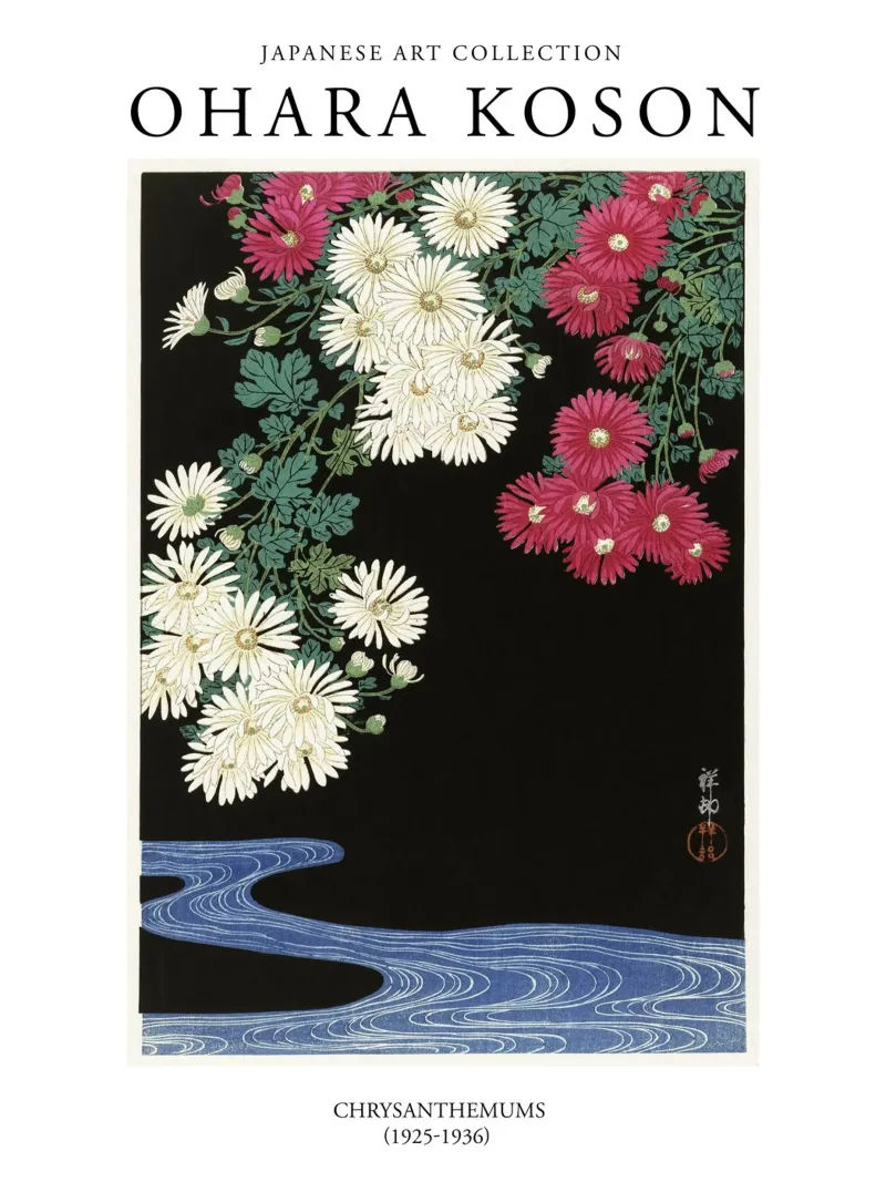 Ohara Koson Fiori di crisantemi giapponesi d'epoca tela con Cornice a cassetta da Peaches Art Prints