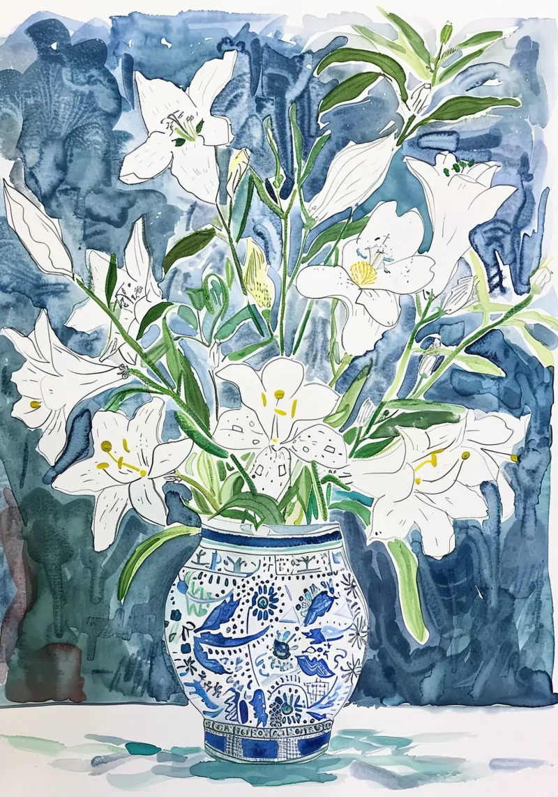 Abstraktes Blumenposter, moderne blaue Wandkunst, Blumendrucke Leinwand mit Schattenfugenrahmen von ArtHaus