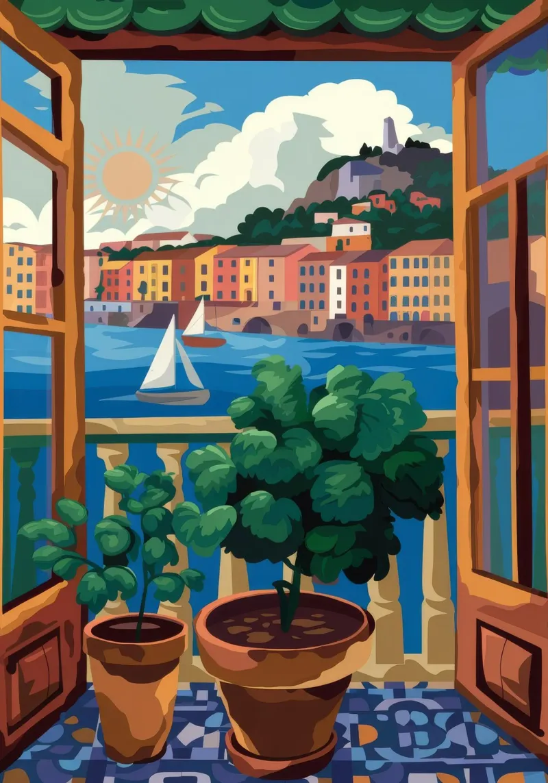Vue sur le port poster avec cadre en plastique de Artie Shifa