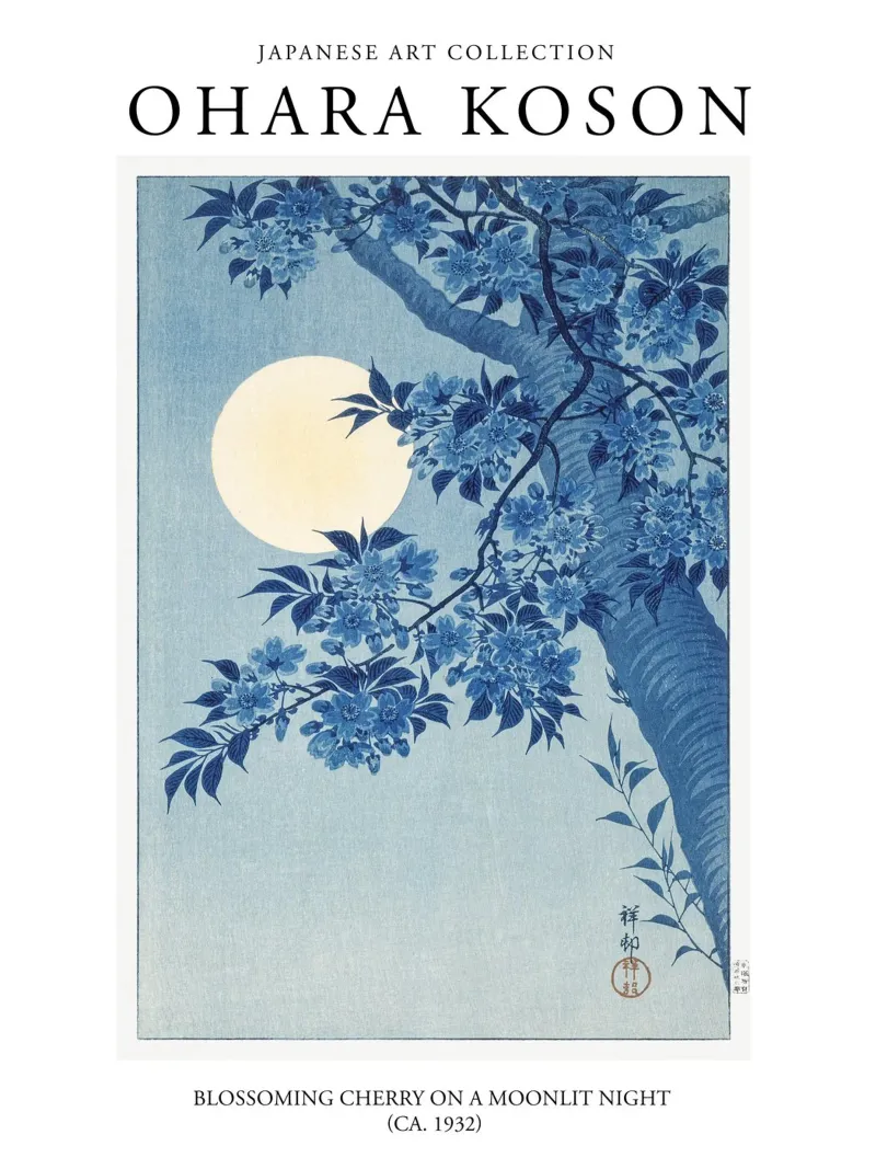 Ohara Koson Giapponese, Ciliegio in fiore al chiaro di luna poster da Peaches Art Prints
