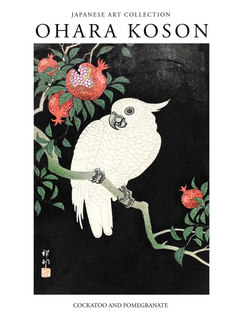 Ohara Koson, Japanese Vintage Cockatoo and Pomegranate canvas by Peaches Art Prints