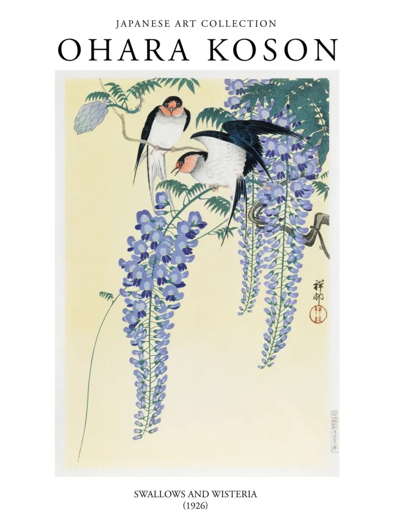 Ohara Koson, Japanse Vintage Zwaluwen en Wisteria canvas met Baklijst van Peaches Art Prints