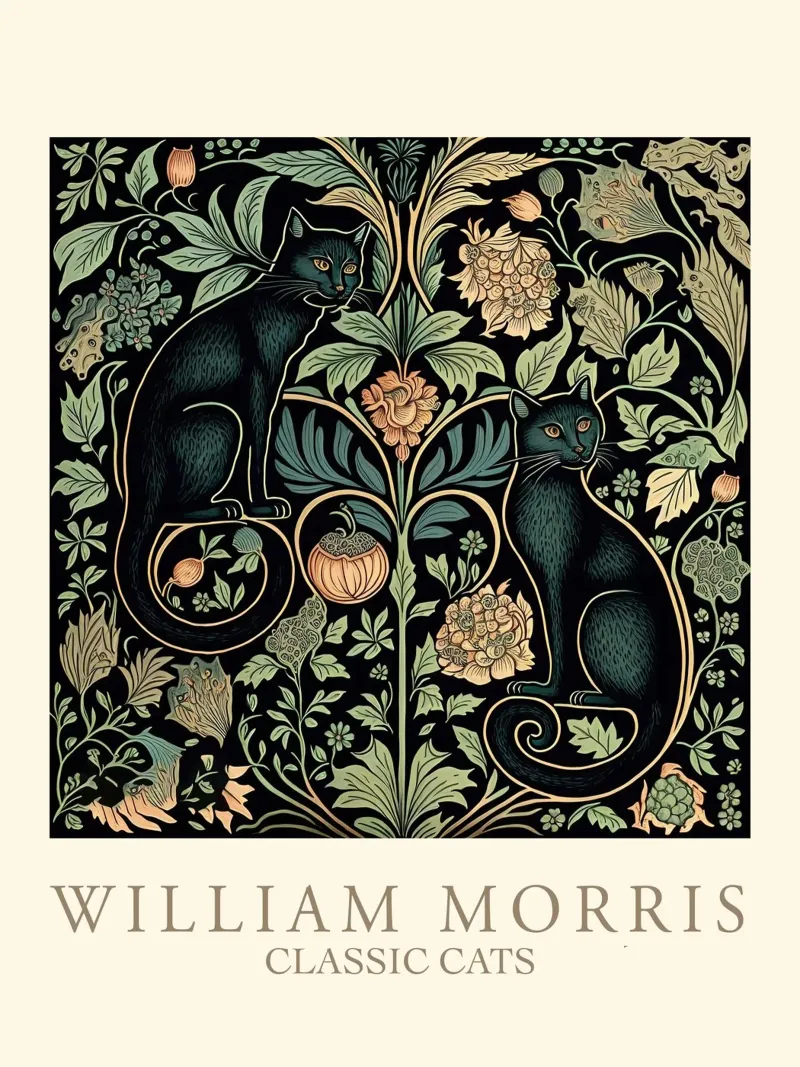 William Morris Classic Cats - Chats noirs à motif floral poster avec cadre en aluminium de Peaches Art Prints