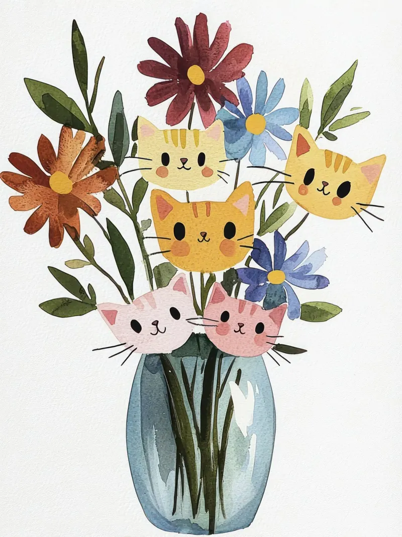 Bouquet di fiori di gatto, pittura ad acquerello tela con Cornice a cassetta da Peaches Art Prints
