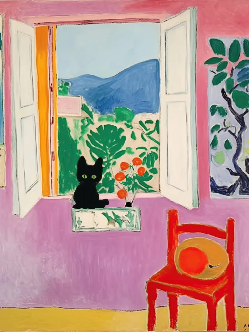 Matisse Open Window, Black Cat And Plants canvas by Peaches Art Prints