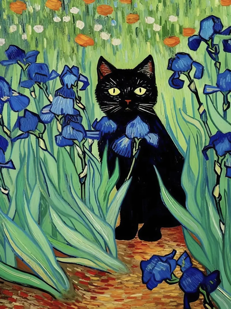 Vang Gogh, quadro Iris con gatto nero pellicola backlit da Peaches Art Prints