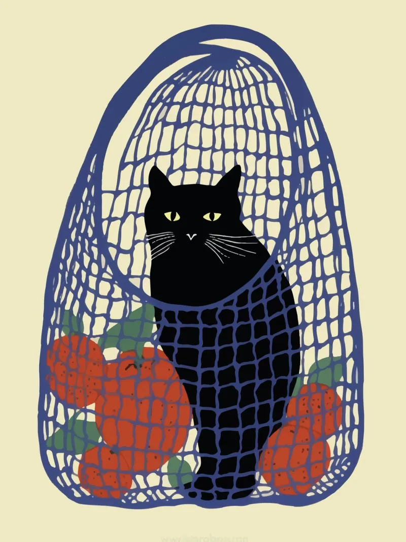 Gatto di ritorno in un sacchetto di rete rosso con arance poster con telaio in plastica da Peaches Art Prints