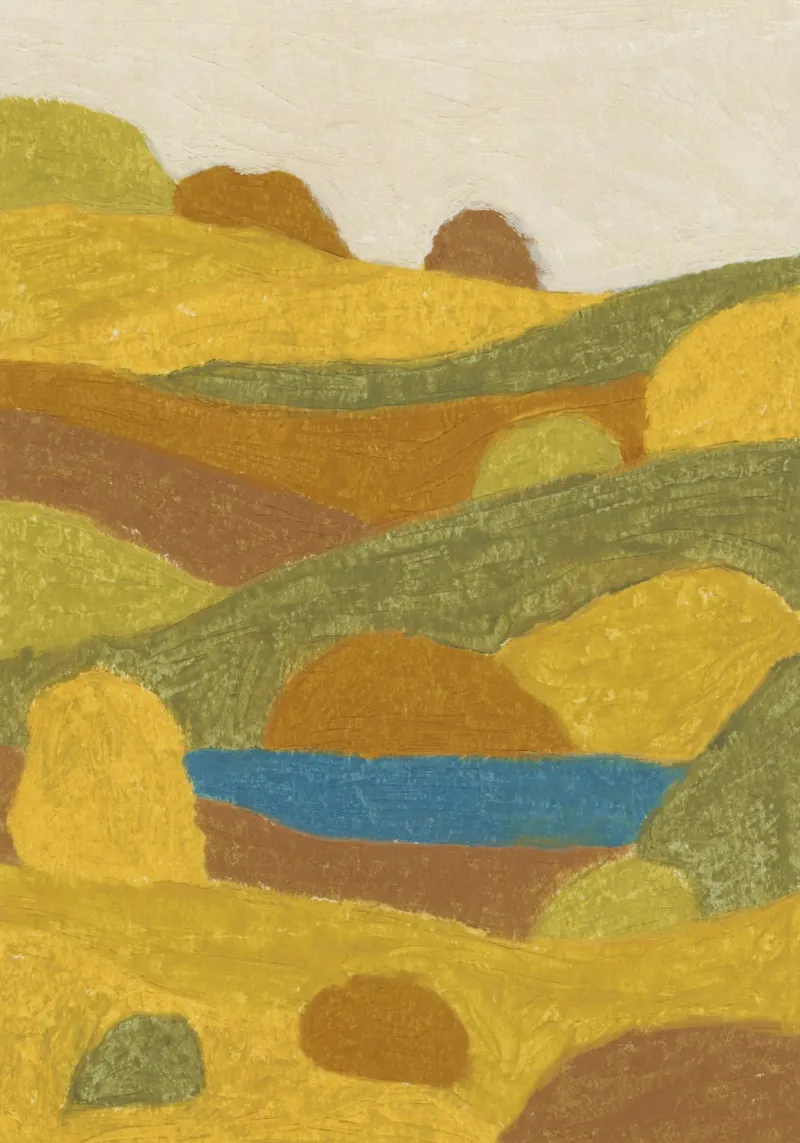 Colline dorate, lago tranquillo poster con telaio in legno da Alisa Galitsyna