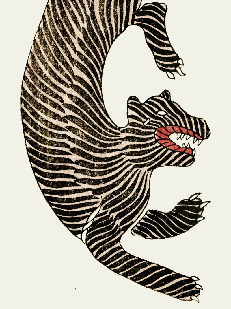 Japanse tijger Links Kunst Vintage Kunst canvas met Baklijst van Peaches Art Prints
