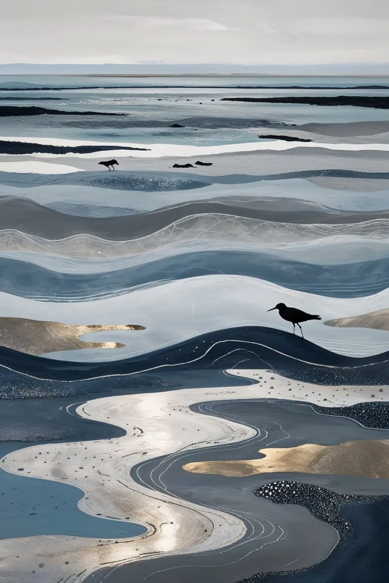Tidal Waves and Bird Silhouettes on Wadden Sea poster con telaio in legno da AlbertKlee