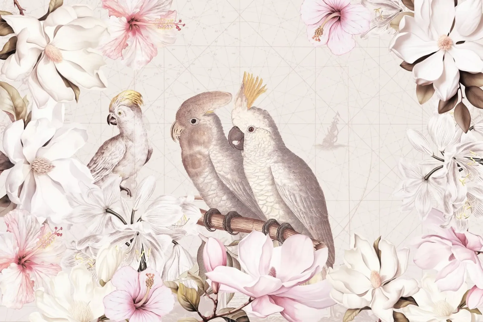 Cacatua vintage con giungla di magnolia e ibisco pellicola backlit da Vintage World - Uta Naumann