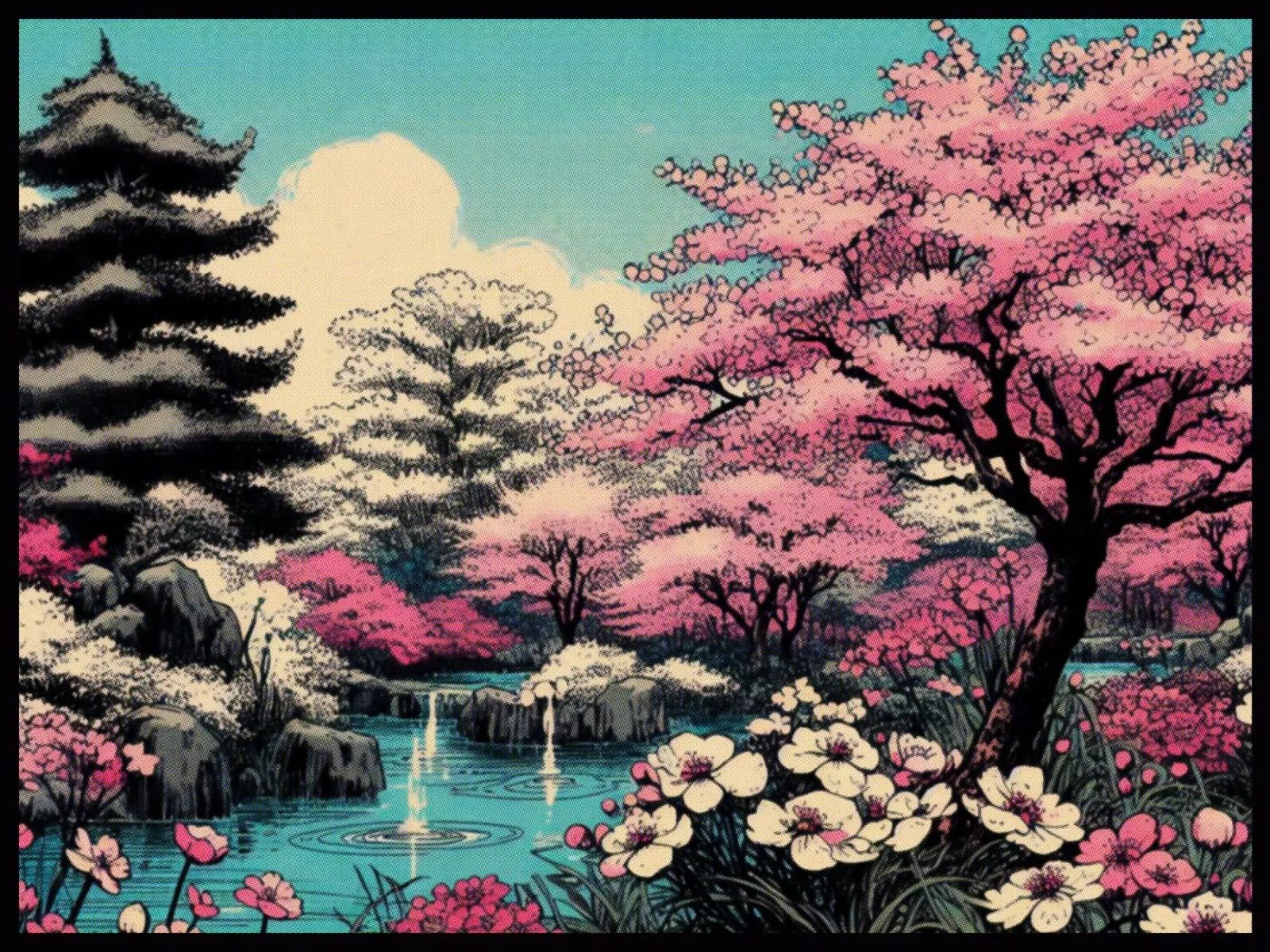 Sakura - Vintage poster print canvas with Floater frame by posterprints-by-nomad