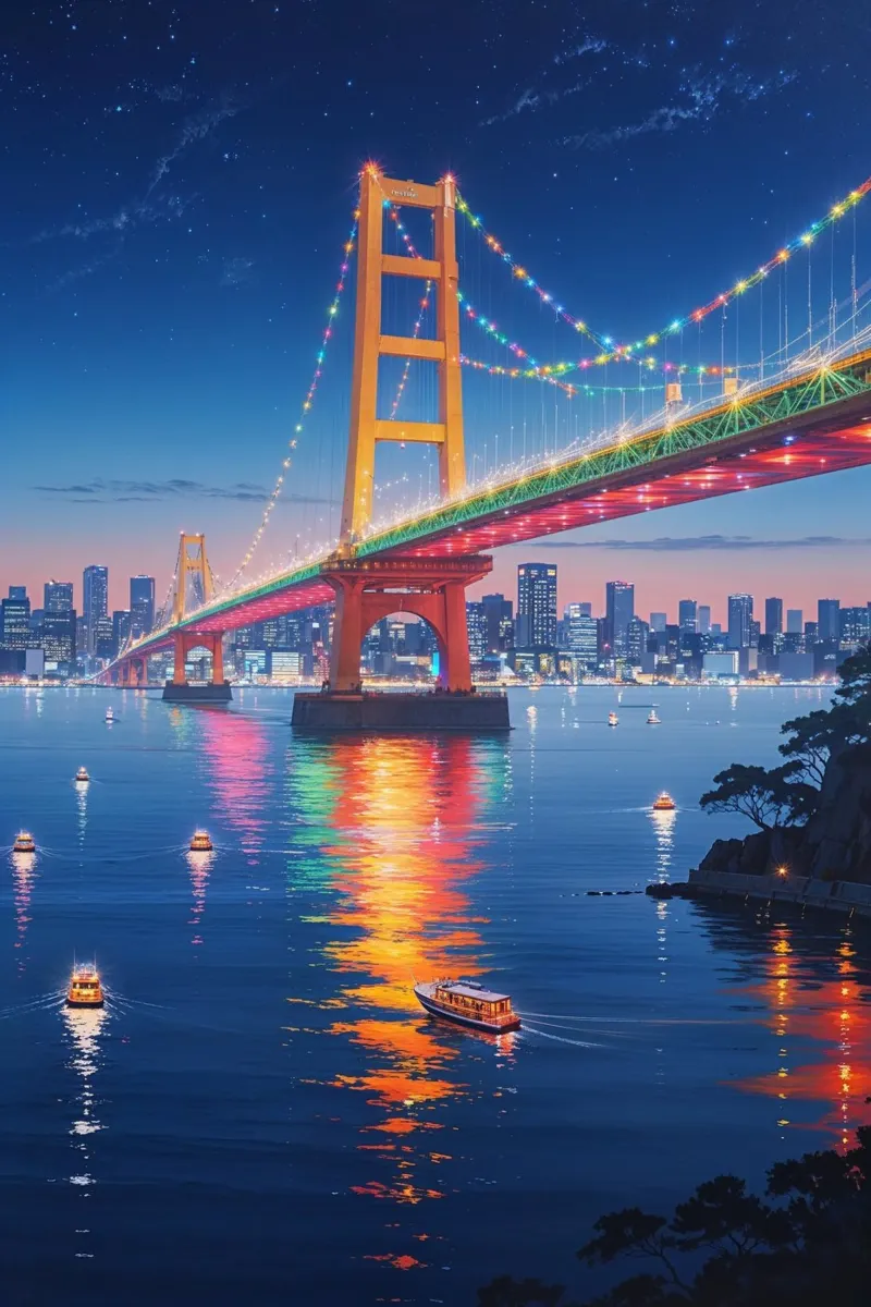 Neon Brilliance of Rainbow Bridge, Tokyo poster con telaio in alluminio da AlbertKlee