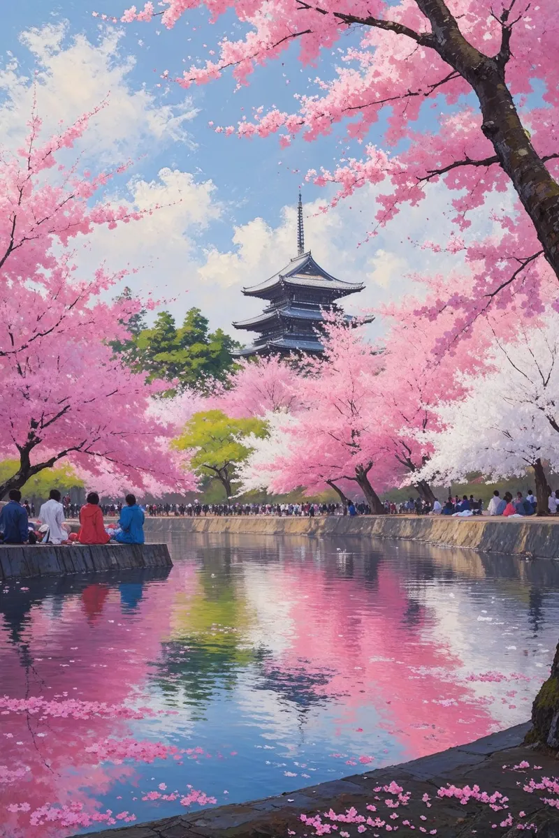 Blossoms and Pagoda by the Lake alluminio dibond da AlbertKlee
