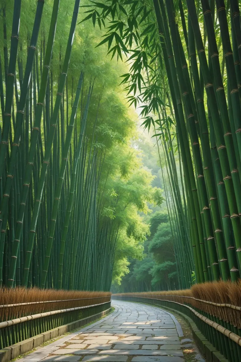 Sunlit Passage Through Arashiyama Bamboo Grove poster con telaio in legno da AlbertKlee