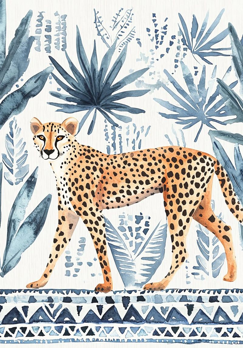 Boho Cheetah Abstract Print, Blauer Wandkunstdruck Poster von Boheme