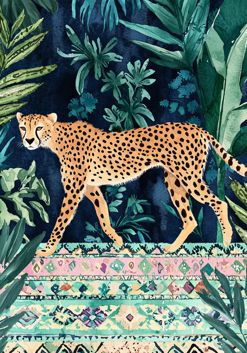 Botanische Cheetah Print, Wilde dieren groen abstracte kunst canvas met Baklijst van Boheme