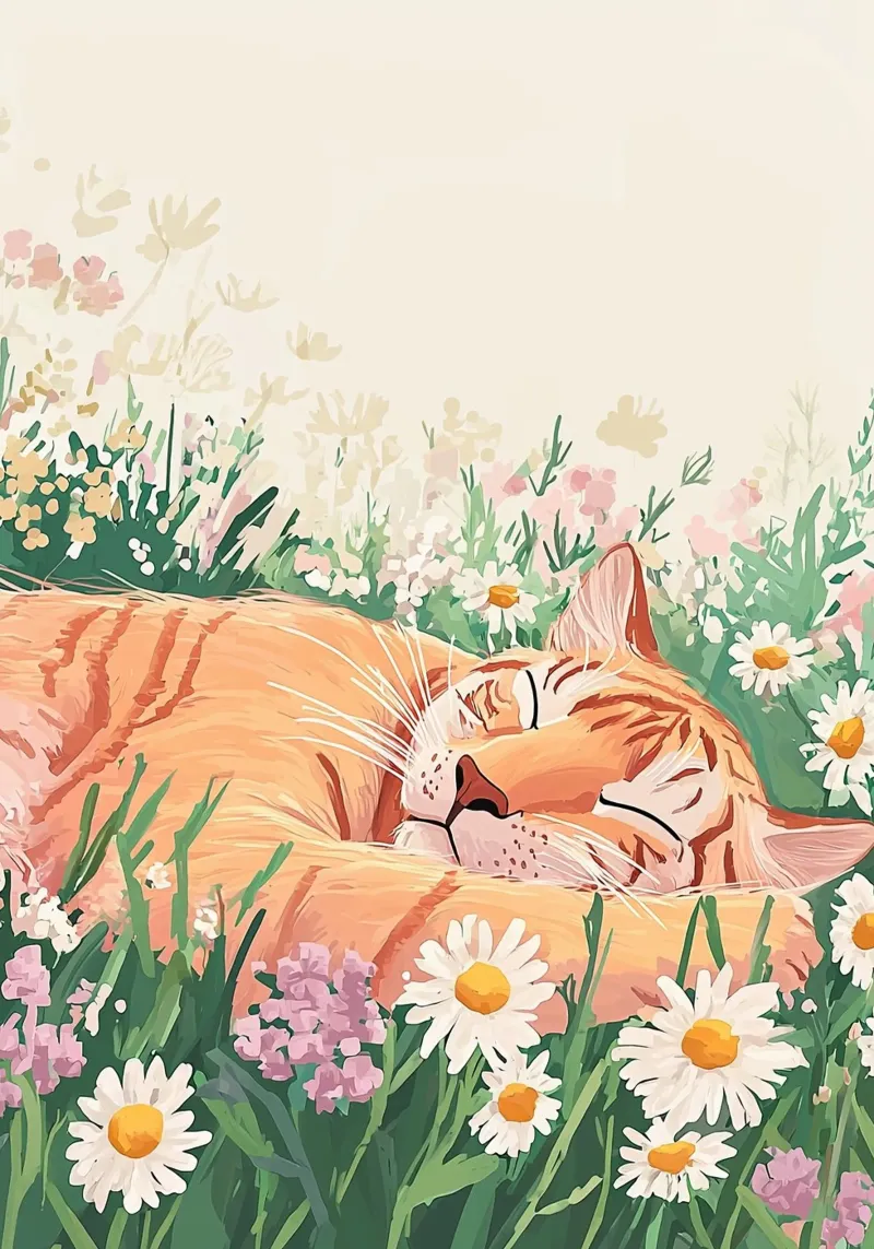 Cute Cat in wildflowers, colourful wall art, whimsical art poster by Boheme