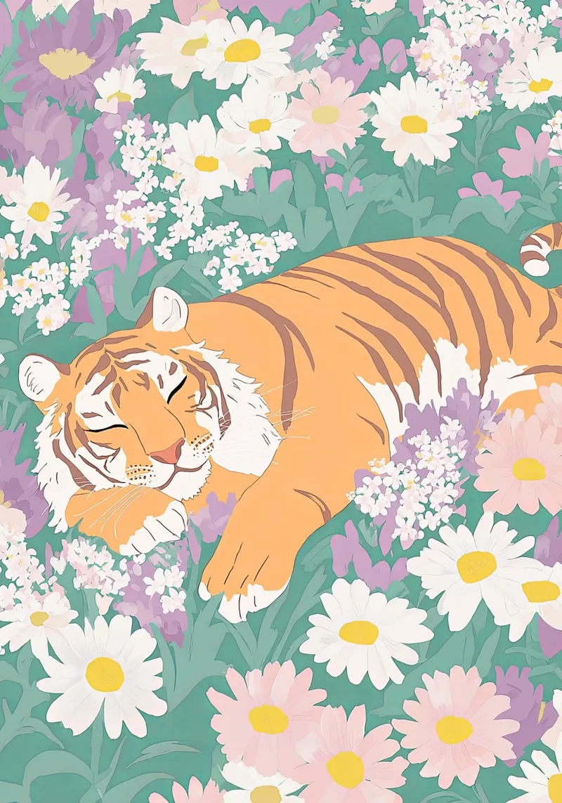 Pastel tijgerprint, wildlife poster, tijger in wilde bloemen canvas met Baklijst van Boheme