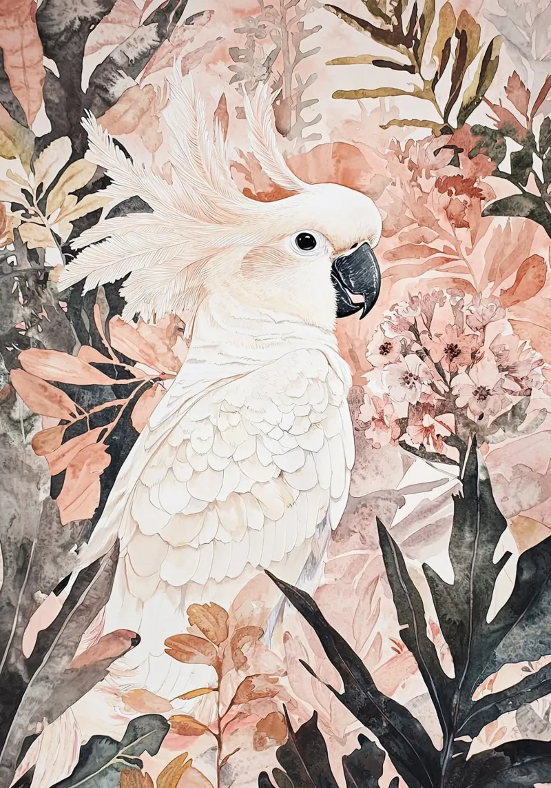 Arte da parete moderna, poster astratto di uccelli, illustrazione di cacatua poster con telaio in legno da Boheme