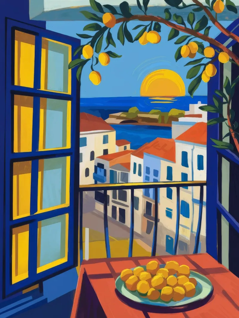 Balcone al tramonto poster con telaio in plastica da Artie Shifa