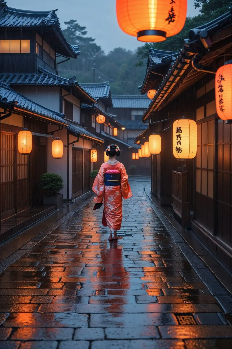 Mystical Gion Streets on a Rainy Evening poster con telaio in legno da AlbertKlee
