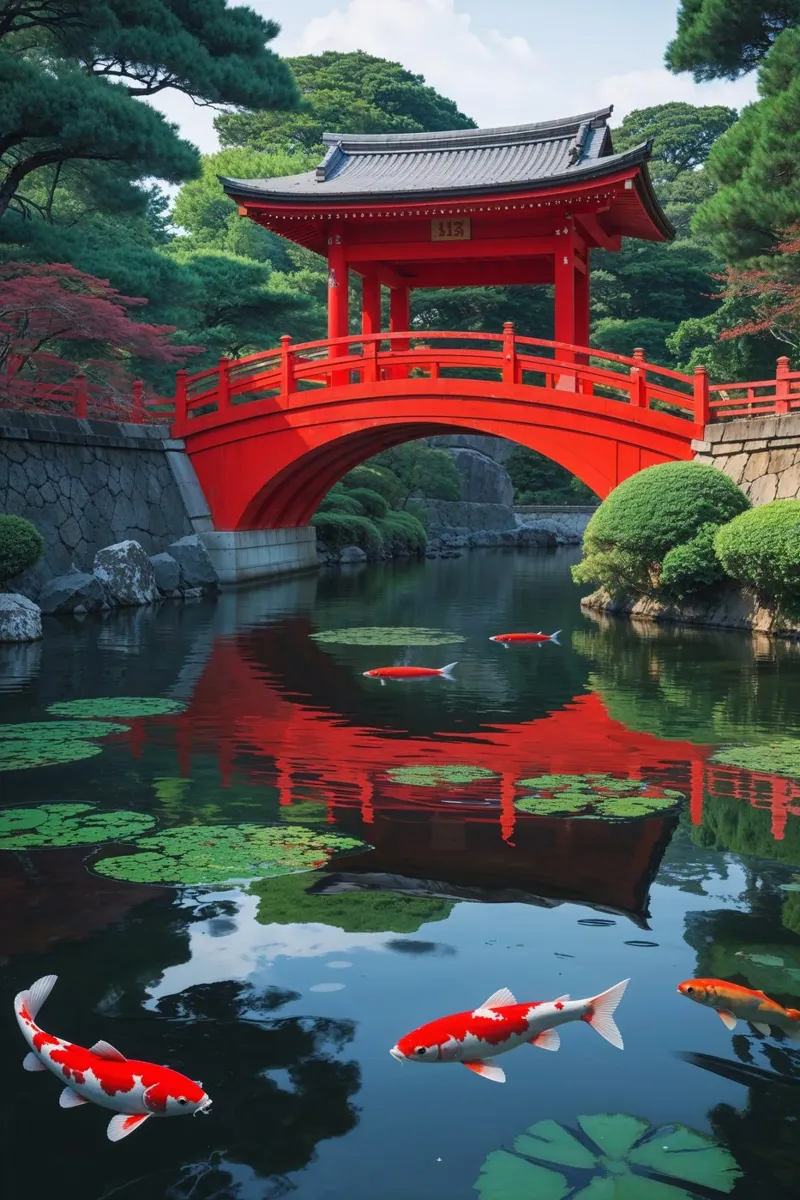 Heian Shrine’s Vibrant Red Bridge Over Tranquil Waters alluminio dibond da AlbertKlee