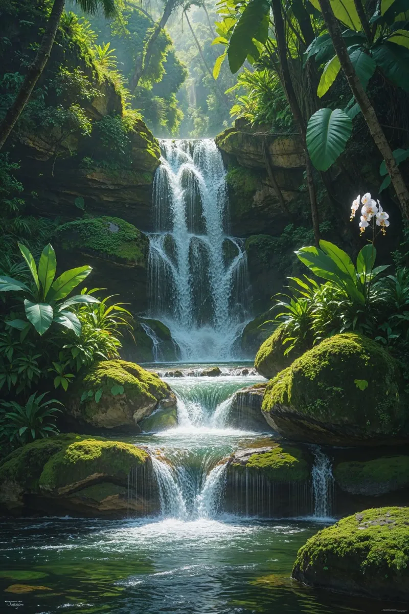Misty Jungle Waterfall in Bali poster con telaio in alluminio da AlbertKlee