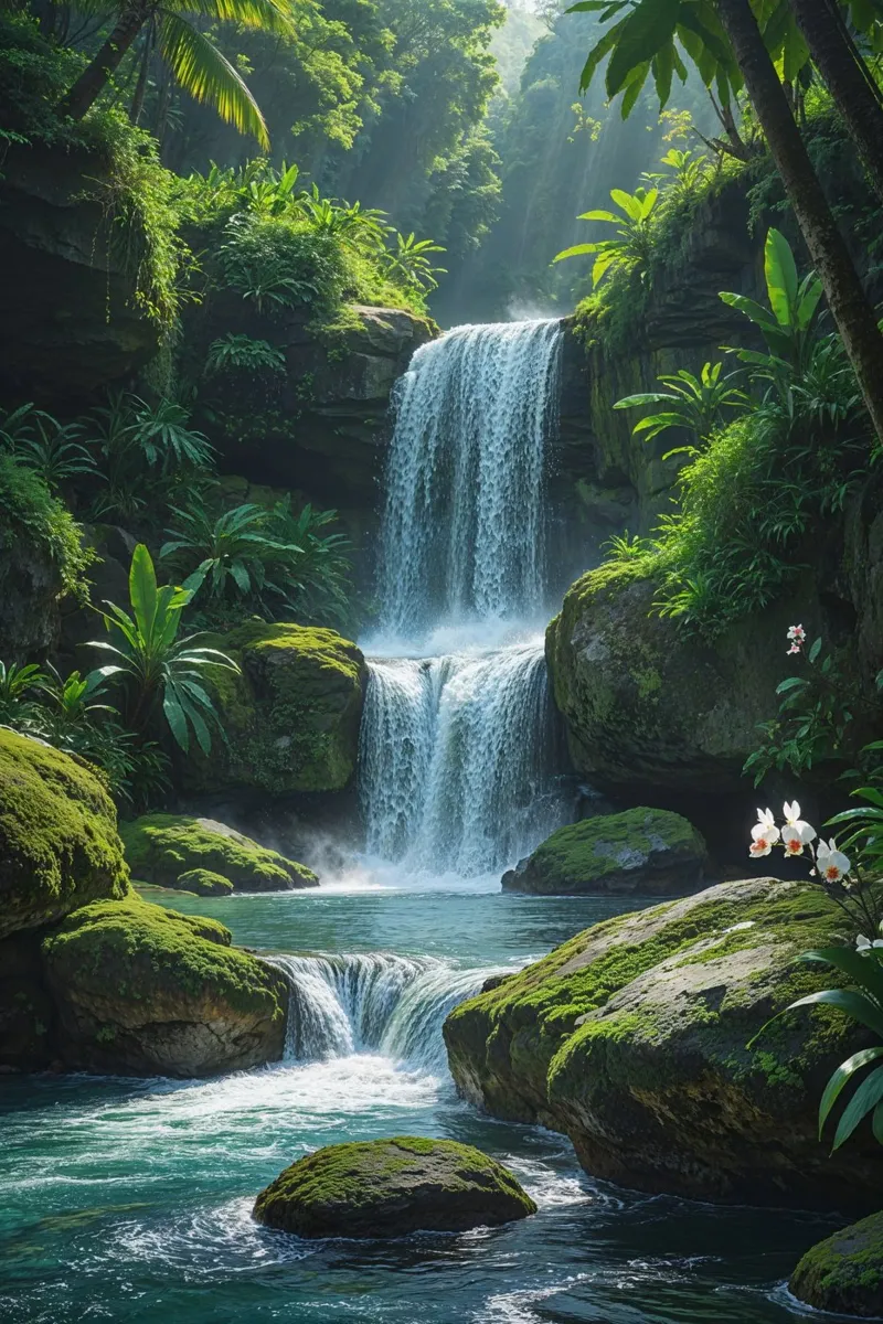 Enchanting Bali Waterfall with Orchid Blooms plexiglass da AlbertKlee