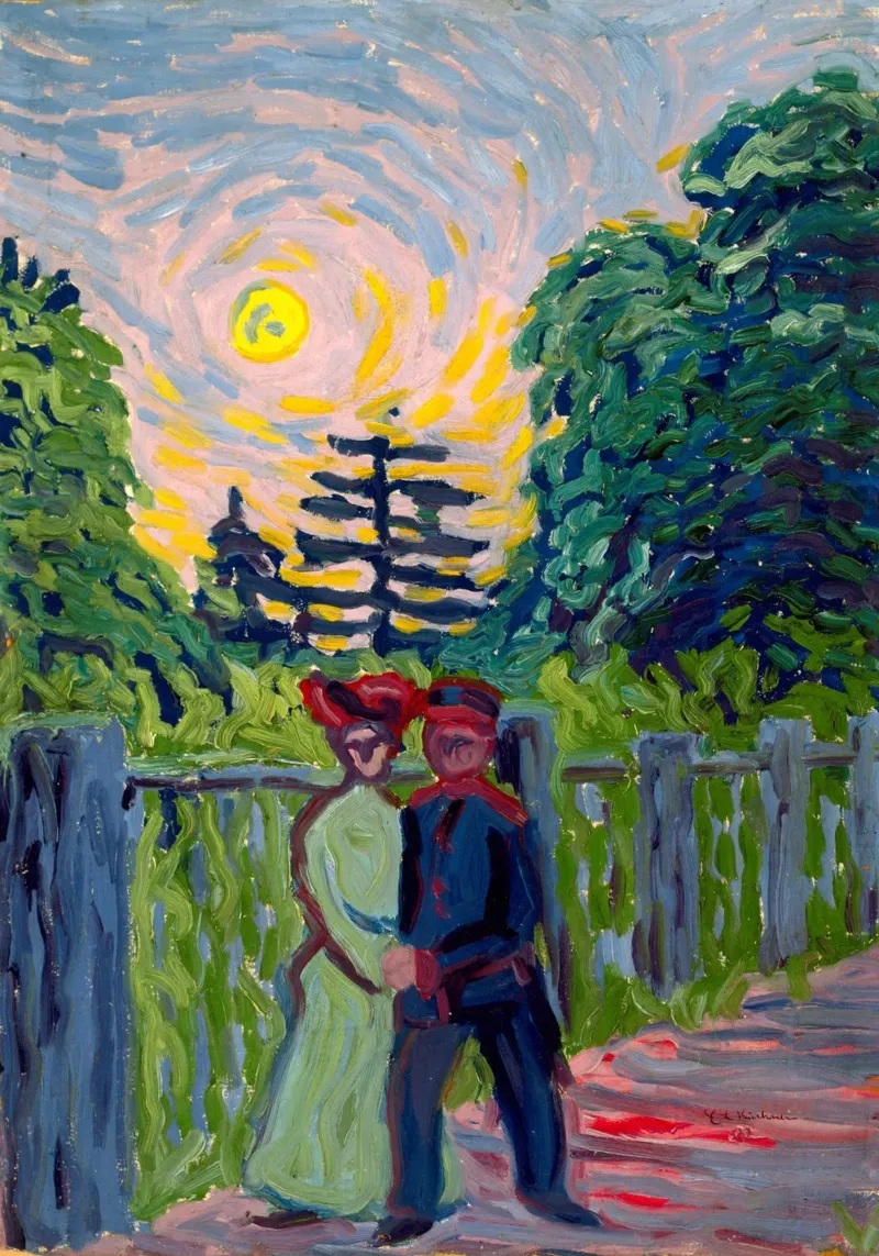 Ernst Ludwig Kirchner - Soldato e cameriera al sorgere del sole poster con telaio in legno da Timeless Artworks