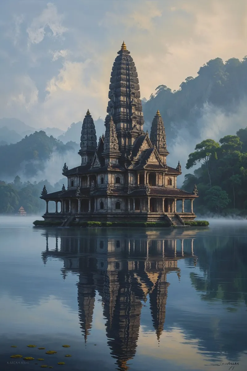 Serene Beauty of Ulun Danu Beratan Temple carta hahnemühle da AlbertKlee