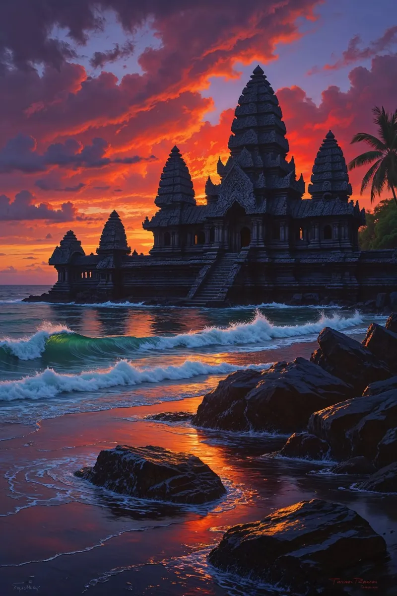 Fiery Sunset at Tanah Lot poster da AlbertKlee