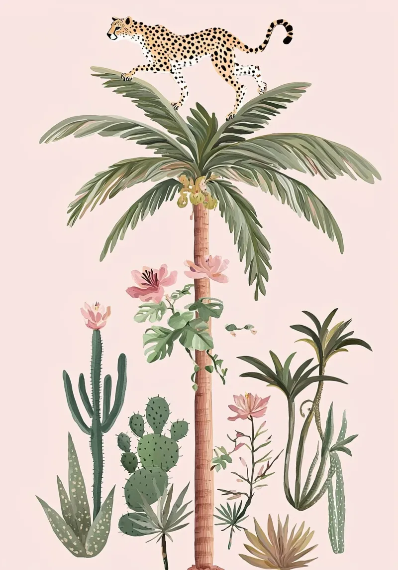 Ghepardo nella giungla, stampa di palme pastello con animali selvatici poster con telaio in legno da Boheme