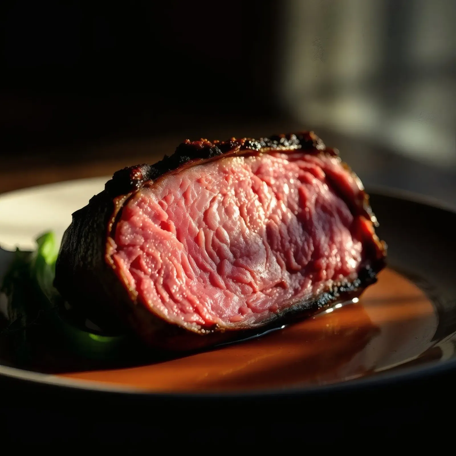 Bistecca di media cottura perfettamente cotta e servita su un piatto scuro pellicola backlit da DesignDoodle
