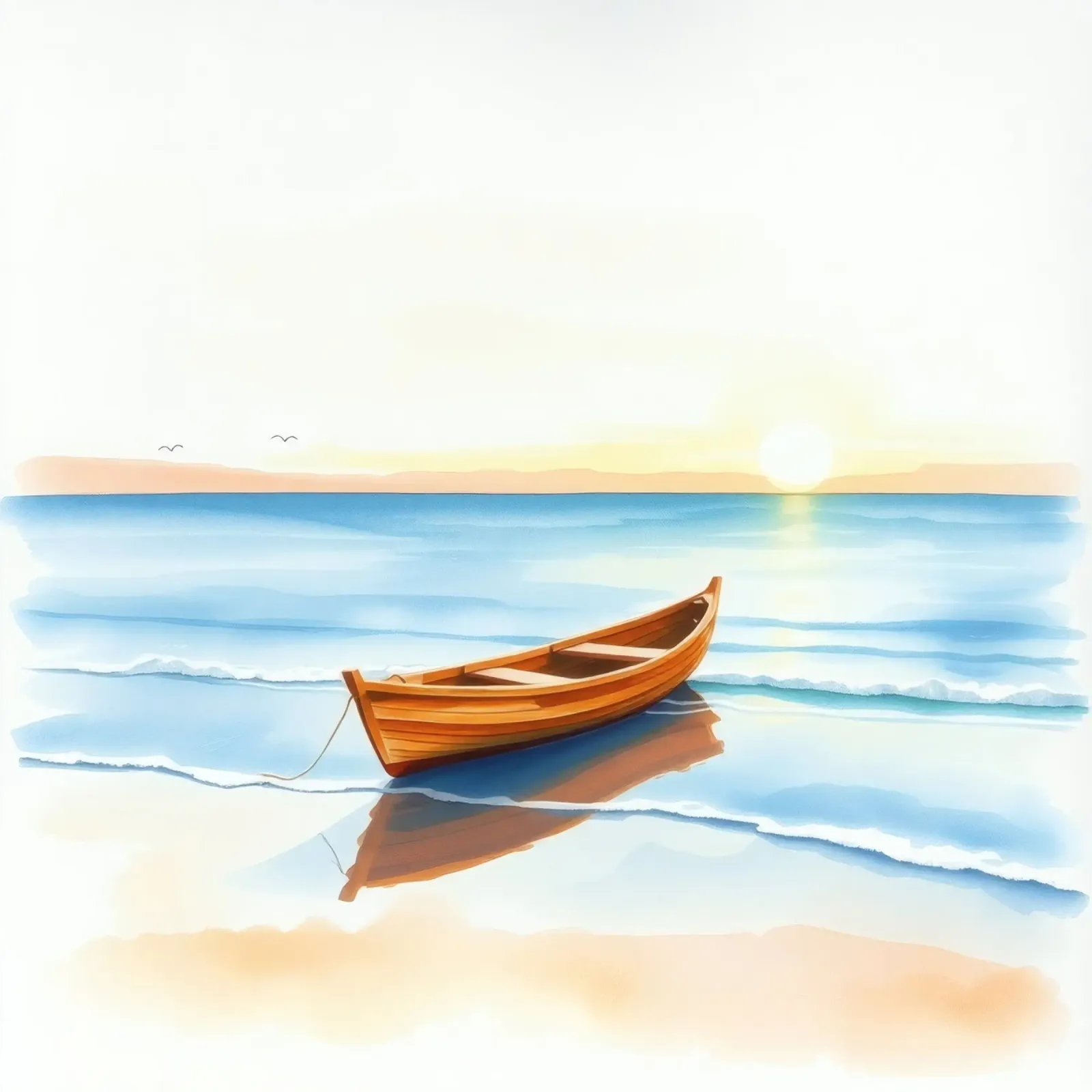 Houten boot rustend op kalme zeekust tijdens zonsondergang canvas van DesignDoodle