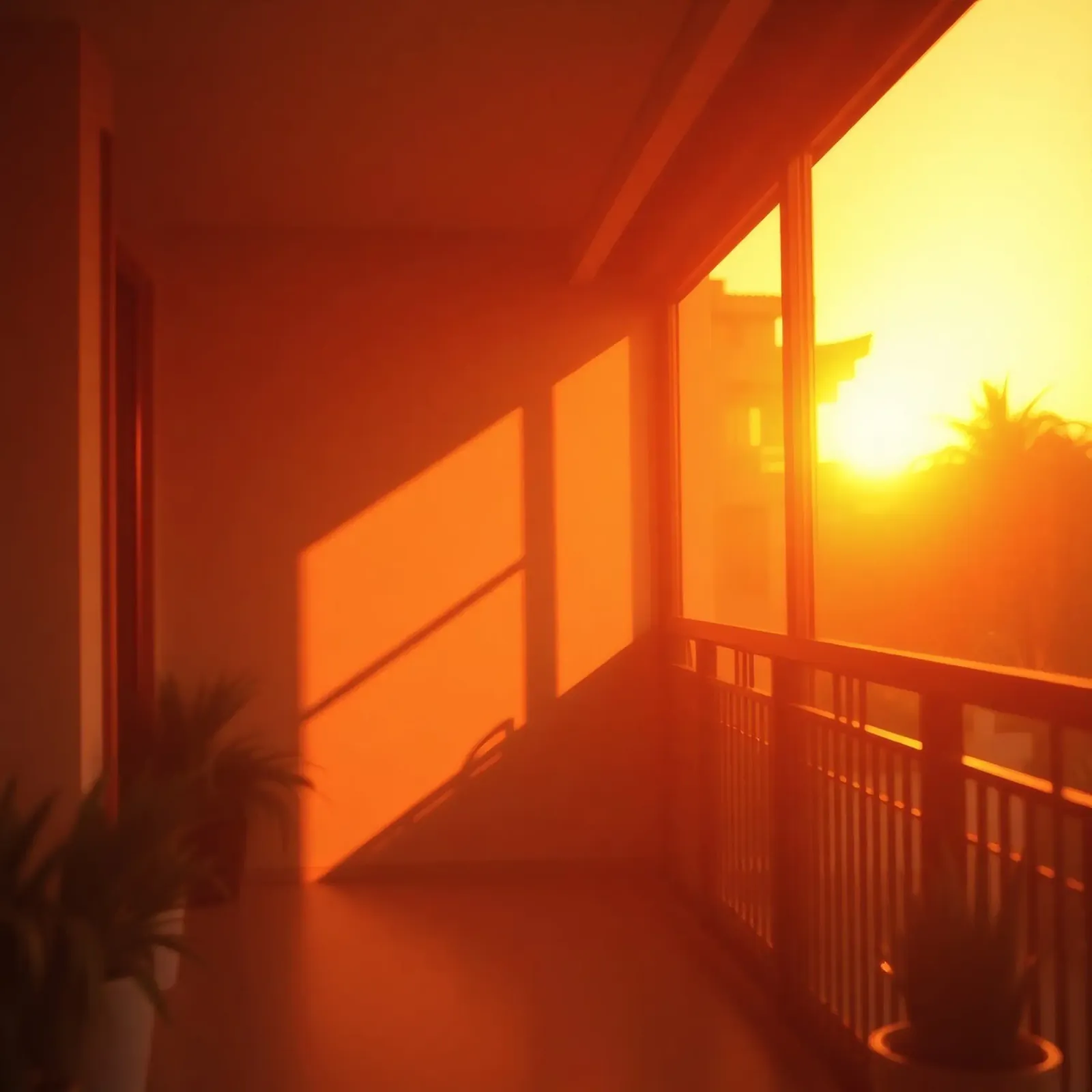 Il tramonto proietta una calda luce arancione sul balcone con le piante pellicola backlit da DesignDoodle
