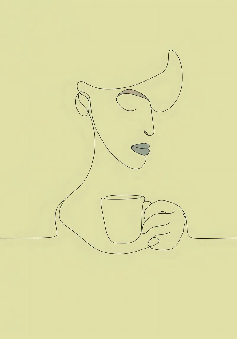 Disegno lineare minimalista di una donna che beve il caffè | Moderno pannello forex da Viv Line Art