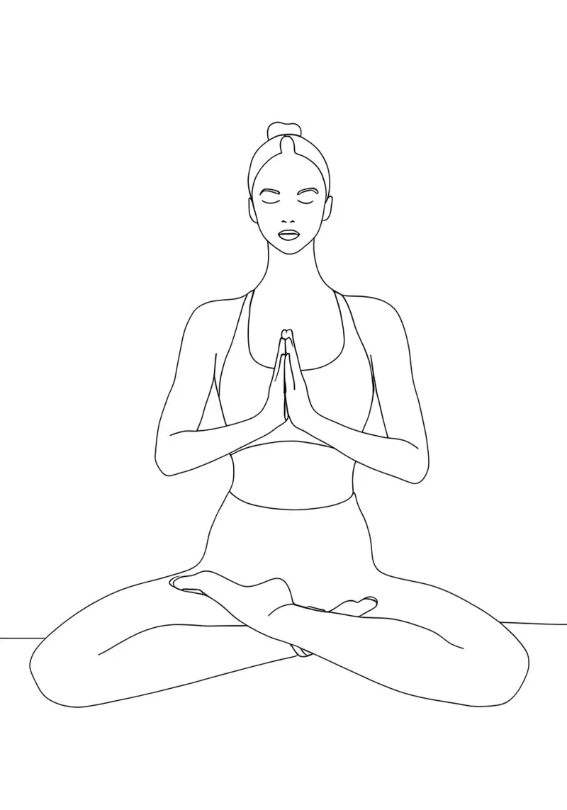 Disegno lineare minimalista di una donna in posizione yoga | Addominali moderni pellicola backlit da Viv Line Art