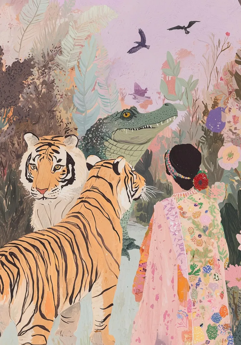 Ilustración caprichosa, póster de animales, tigre, arte cocodrilo poster con marco de aluminio de Boheme
