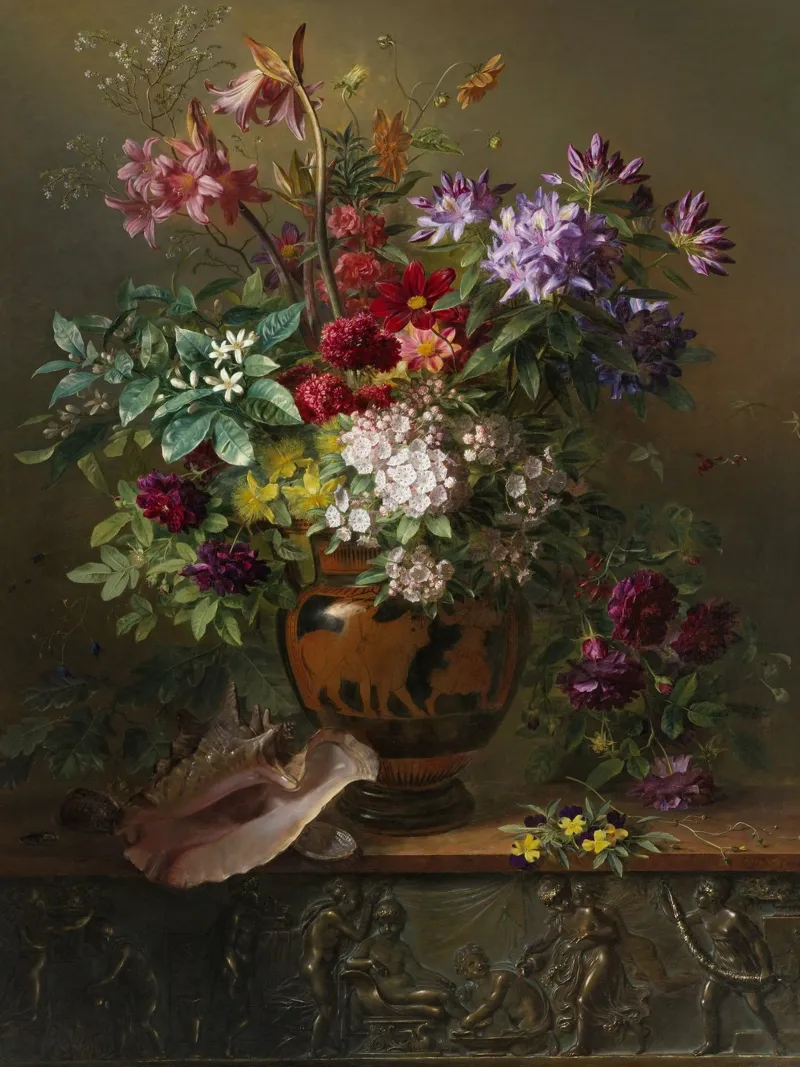 Natura morta con fiori in un vaso greco - Allegoria della primavera pellicola backlit da Timeless Artworks