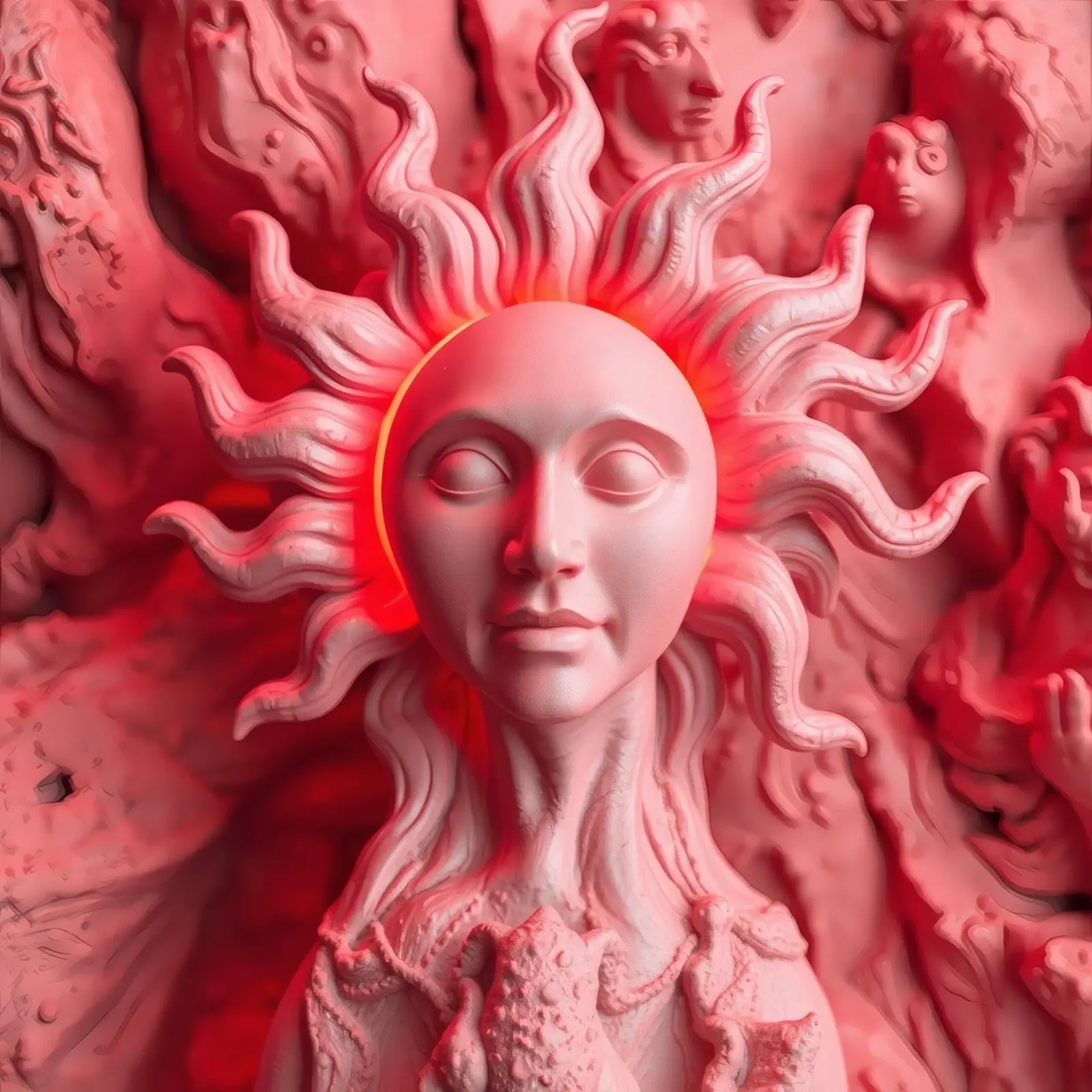 Intricata scultura di una dea del sole circondata da una mistica pellicola backlit da DesignDoodle