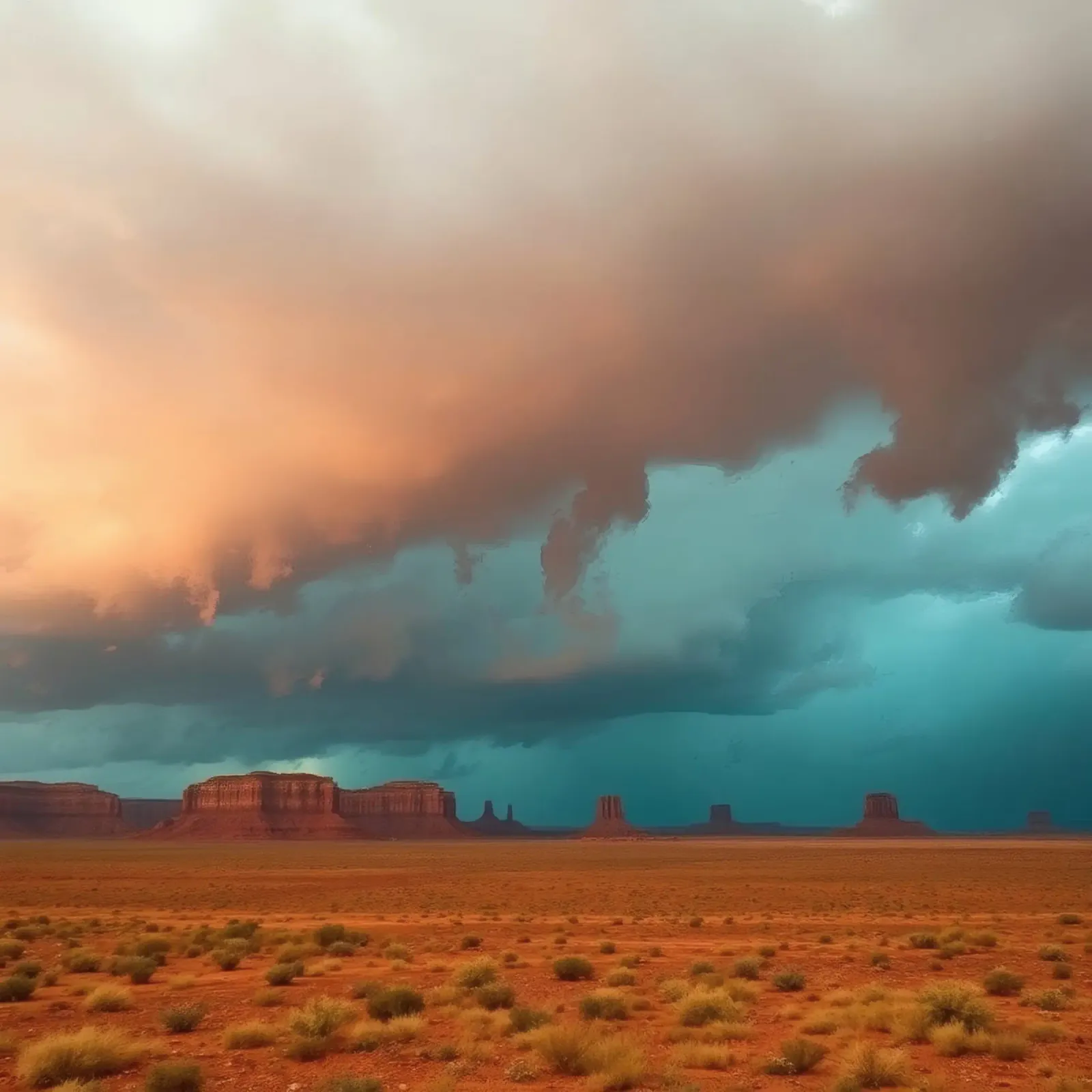 Cielo drammatico sulla Monument Valley al tramonto, nubi minacciose pellicola backlit da DesignDoodle