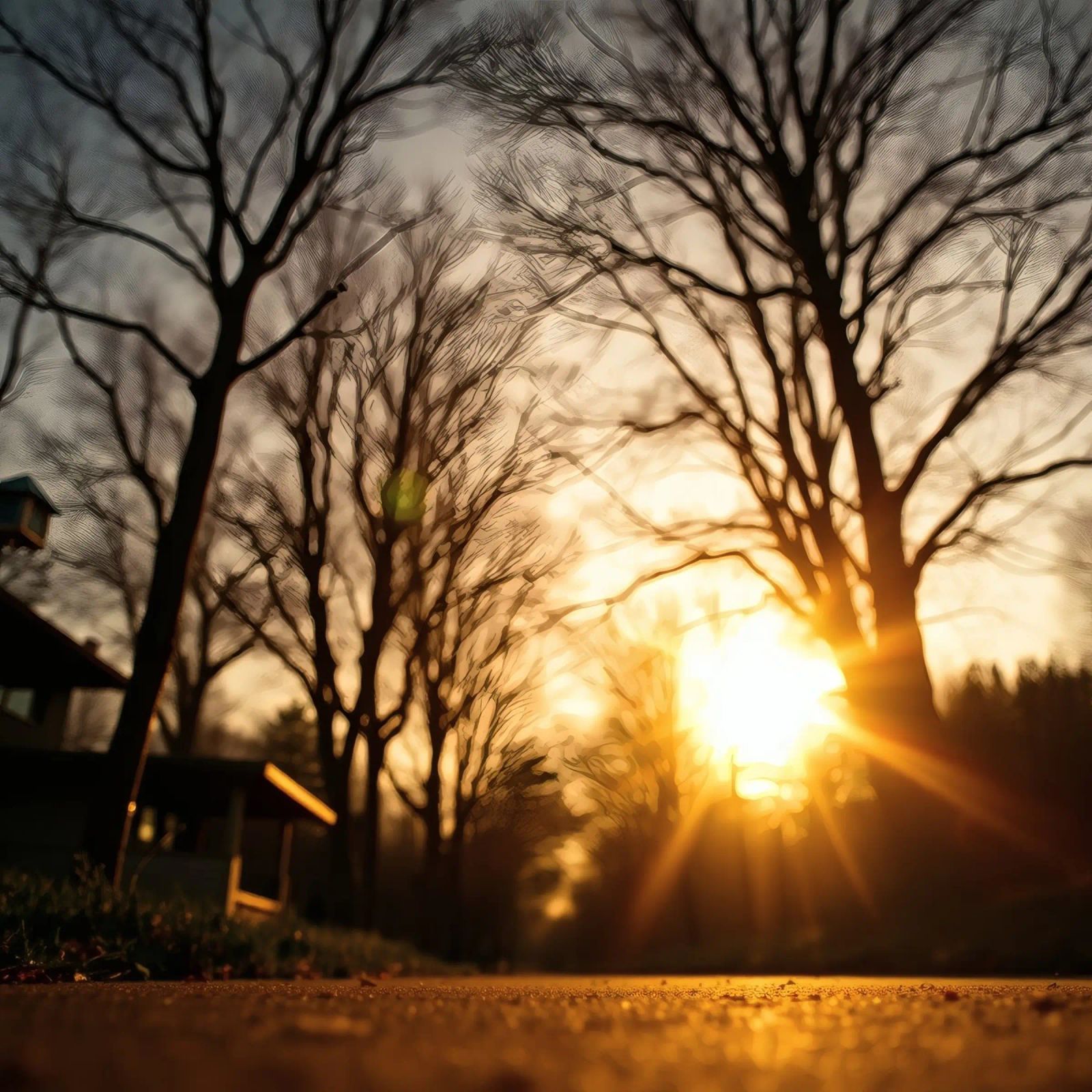Zonsondergang werpt warm licht door bomen langs rustig pad poster van DesignDoodle