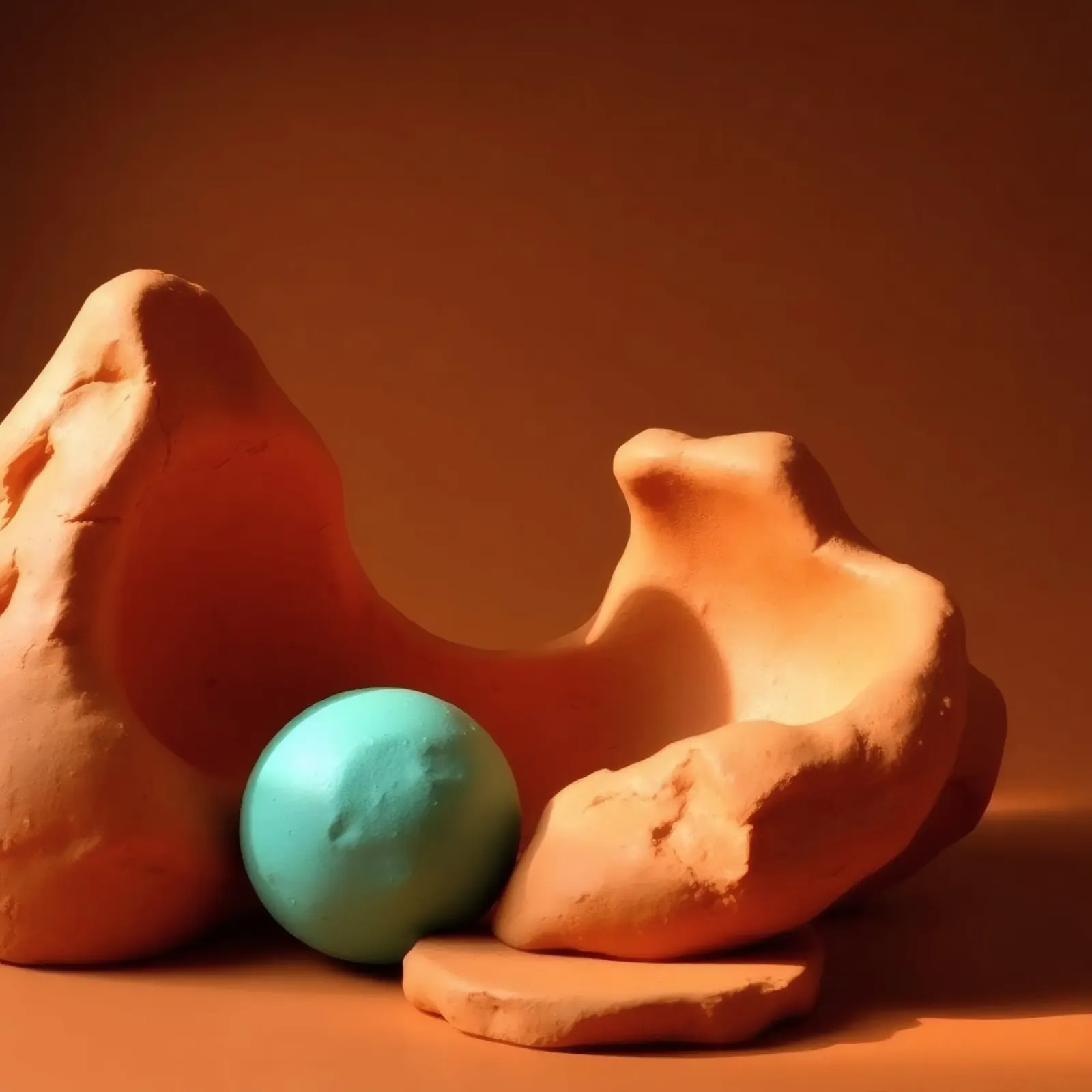 Composizione scultorea di argilla arancione e di una sfera turchese pellicola backlit da DesignDoodle