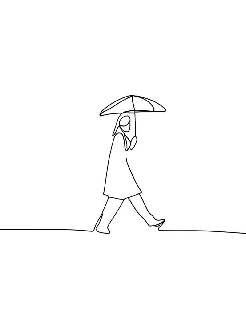 Disegno minimalista a una linea di una donna che cammina con ombrello pellicola backlit da Viv Line Art